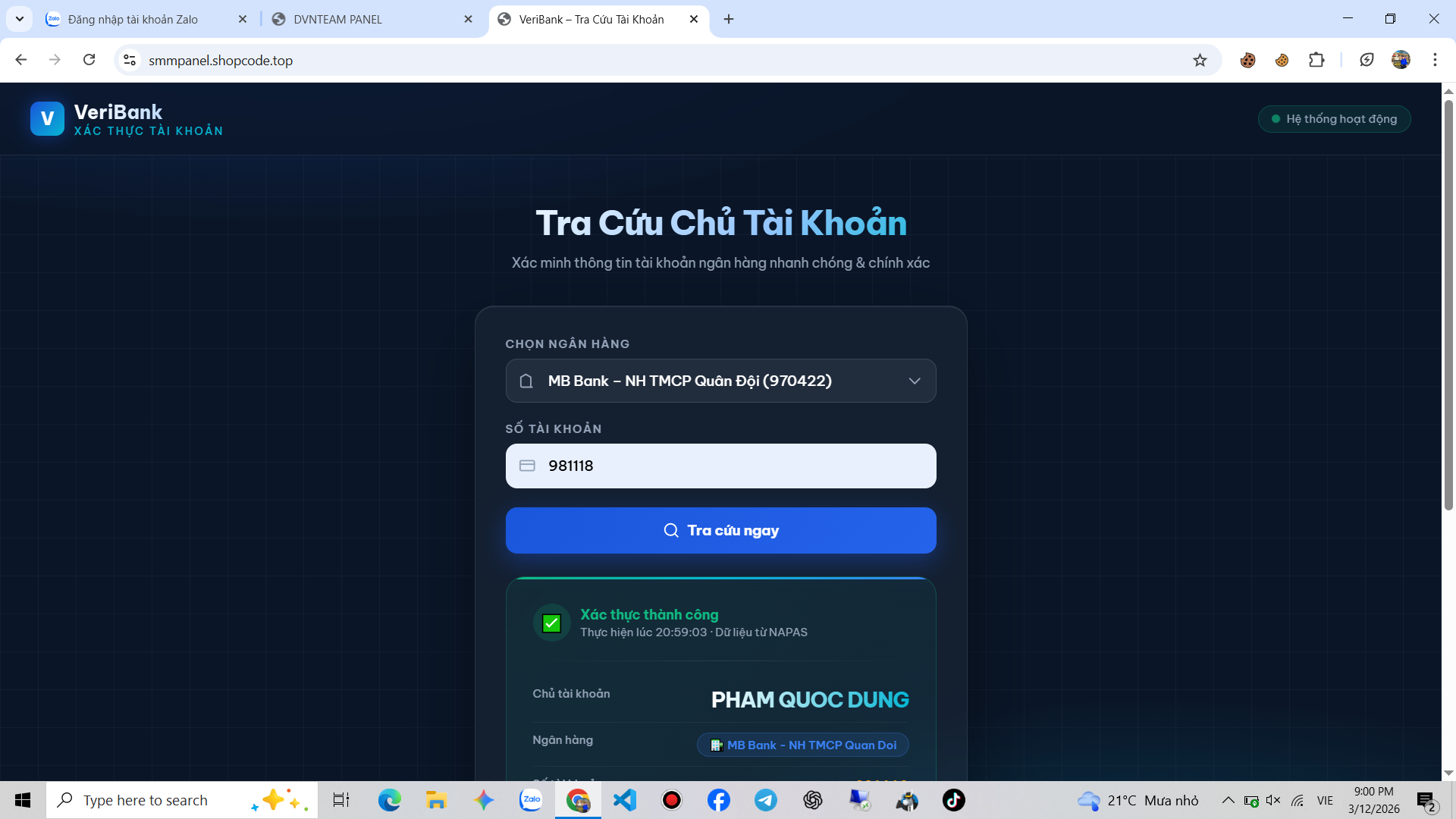 Code check thông tin ngân hàng có tồn tại, Nếu tồn tại sẽ hiện tên chủ tài khoản